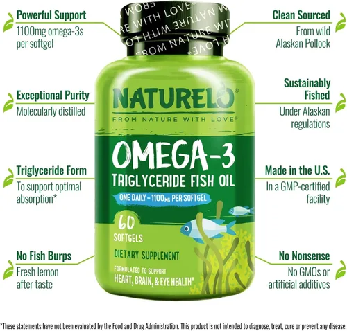 Miniatura 4 de NATURELO Suplemento de aceite de pescado omega 3 sin eructos, 1100 mg de triglicérido omega-3, EPA + DHA, aceite de pescado líquido para corazón
