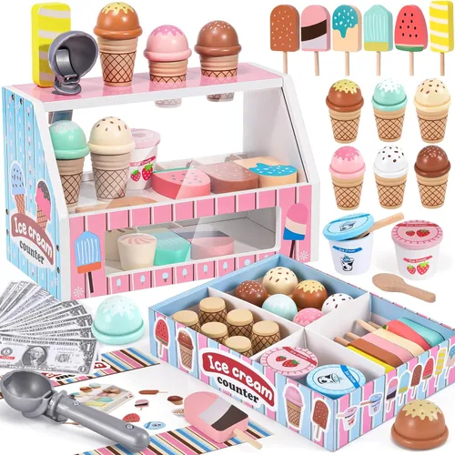 Juguetes de helado de madera para niños, tienda de juegos de cocina para niños pequeños, accesorios de cocina con cucharada, menú y dinero falso,