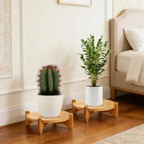 Miniatura 7 de Pumtus Paquete de 2 soportes pequeños para plantas, soporte de madera para macetas de interior, soporte desmontable de bambú para macetas
