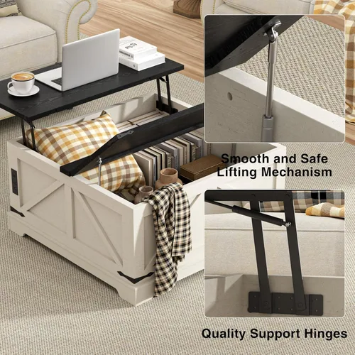 Miniatura 3 de Mesa de café con almacenamiento, mesa rústica de elevación con centro cuadrado de madera estilo granja con estación de carga, mesas de cóctel