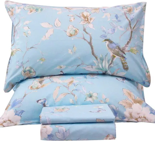Miniatura 9 de QSH Juego de sábanas tamaño King con estampado floral - Estampado botánico de flores verdes, pájaros y mariposas, ropa de cama de algodón egipcio