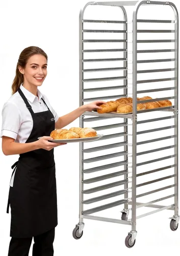 Estante para panadería, estante para panadería de 20 niveles con ruedas, estante de acero inoxidable para media y hoja completa, estante de gran