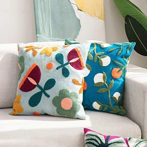 Miniatura 4 de MOCOFO Funda de almohada de lona bordada con flores, bordado de primavera, artesanía, moderna, simple, funda de almohada para sofá, dormitorio
