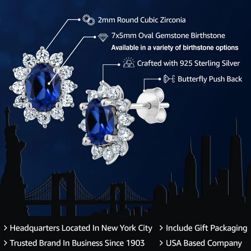 Miniatura 2 de Gem Stone King Aretes ovalados de plata de ley 925 de 0.276 x 0.197 in con piedra natal de la princesa Diana, estilo halo real para mujeres