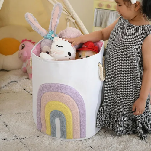 Miniatura 6 de Cesta para Bebé Rosa, Cesta de Lavandería de Lona XL de 58L con Cierre de Cordón, Decoración Boho de Arcoíris