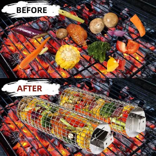 Miniatura 6 de Cesta de parrilla rodante, acero inoxidable SUS304, mango de madera extraíble, cesta de parrilla de barbacoa cilíndrica redonda, parrilla de cocina