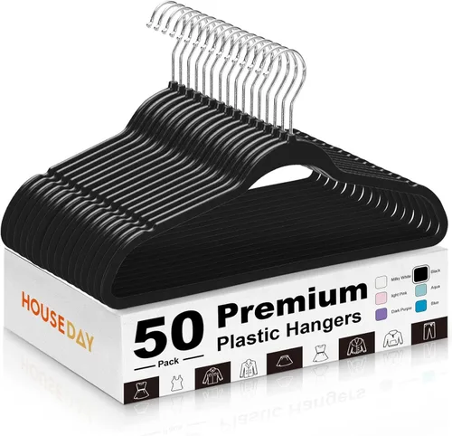 Miniatura 13 de HOUSE DAY - Paquete de 20 perchas negras de plástico - Perchas resistentes sin terciopelo con gancho giratorio de cromo de 360° y muescas