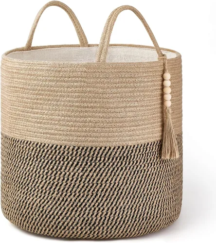 Mkono - Canasta de almacenamiento tejida, canasta decorativa de cuerda con cuentas de madera para mantas, juguetes, ropa, zapatos, organizador de
