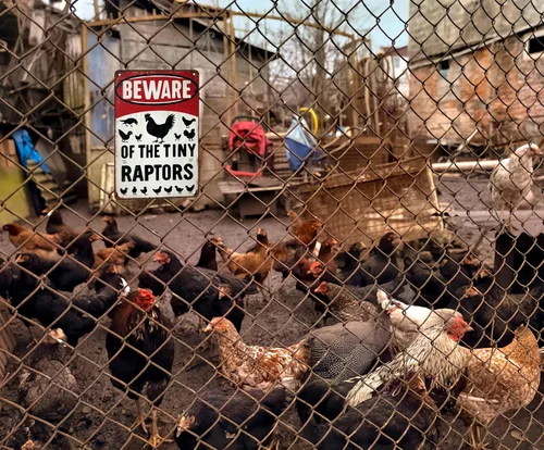 Miniatura 5 de Regalos divertidos para mujeres amantes de los pollos, entusiastas de la granja, cuidado con el pequeño raptor, letrero de metal para pollos, Rojo