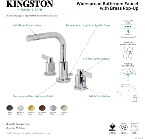 Miniatura 9 de Fauceture FSC8958NDL - Grifo de baño de 8 pulgadas con drenaje emergente, níquel cepillado