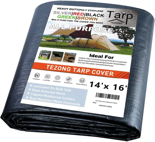 Miniatura 33 de Lonas resistentes impermeables de 4 x 5 pies, paquete de 2 lonas TEZONG negras de 0.472 in. de lona de plástico para exteriores para lluvia