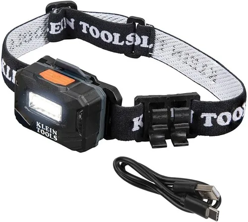 Klein Tools 56049 Linterna frontal recargable / luces LED, correa de tela ajustable con marcador / soporte para lápices, 260 lúmenes, para trabajo y
