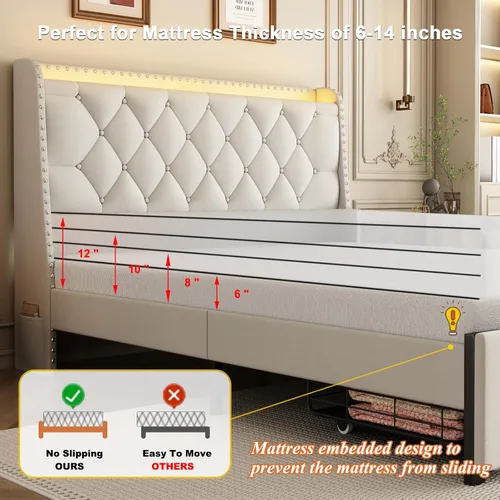 Miniatura 6 de Base de cama tamaño queen con cabecera de almacenamiento y 2 cajones, base de cama tapizada con botones capitoné, luces LED y estación de carga,