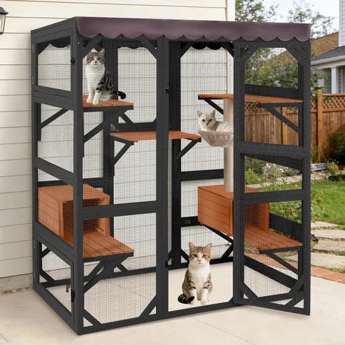 Miniatura 14 de Cat Catio - Recintos para gatos al aire libre, casa móvil para gatos con ruedas de ejercicio, jaula para gatos con caja de descanso mejorada, Gris