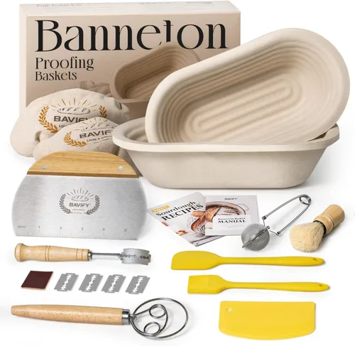 Miniatura 11 de BAVIFY Kit Inicial para Masa Madre, Juego de Cestas Redondas de 9" y Ovaladas de 10" para Prueba de Pan Banneton, Suministros para Hornear Pan