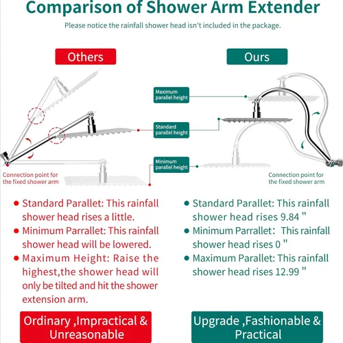 Miniatura 3 de Brazo de extensión de cabezal de ducha curvado ajustable de latón macizo de 16 pulgadas, extensor de brazo de ducha flexible de altura y ángulo