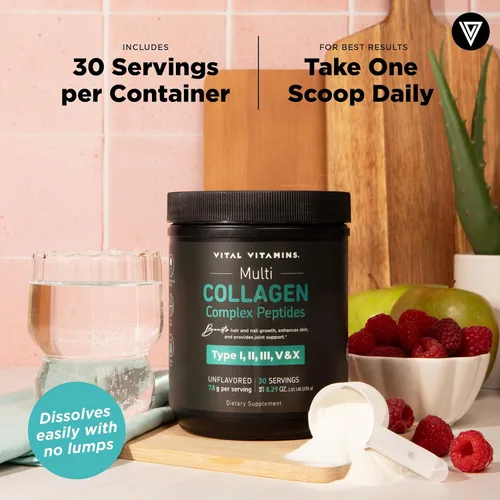 Miniatura 8 de Vital Vitamins Polvo de péptidos de colágeno múltiple, sin sabor, fácil de disolver, tipo I, II, III, V, X, para mujeres y hombres, promueve