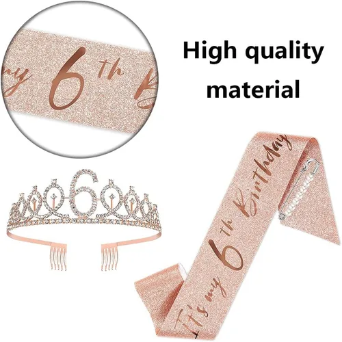 Miniatura 3 de Juego de banda y tiara de 6º cumpleaños, corona de banda de cumpleaños de oro rosa, suministros para fiesta de cumpleaños