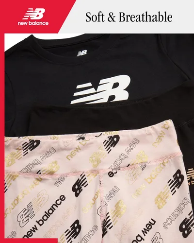 Miniatura 2 de New Balance Conjunto de leggings para niñas, camisa de manga corta de 3 piezas y leggings para niñas, pantalones de yoga para entrenamiento