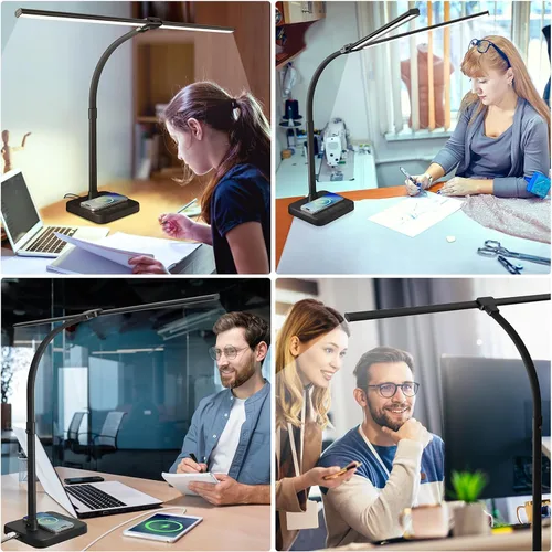 Miniatura 6 de ShineTech Lámpara de escritorio LED para oficina en casa, luz de escritorio de doble cabezal de 24 W con carga inalámbrica, puerto USB, 25 modos