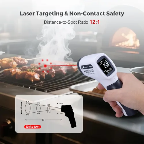 Miniatura 4 de Pistola de temperatura para carne, termómetro infrarrojo automotriz con anillo láser DS12: 1, pistola térmica digital con emisividad ajustable y Gris