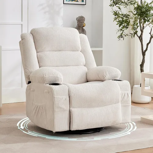 Silla reclinable mecedora para adultos, giratoria de 360°, con portavasos y asiento profundo tapizado, silla de pana para sala de estar, color beige