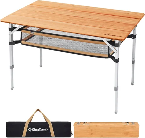 Miniatura 9 de KingCamp Mesa de camping plegable de altura ajustable, mesa plegable de bambú de 4 partes para RV, camping al aire libre, portátil, mesa