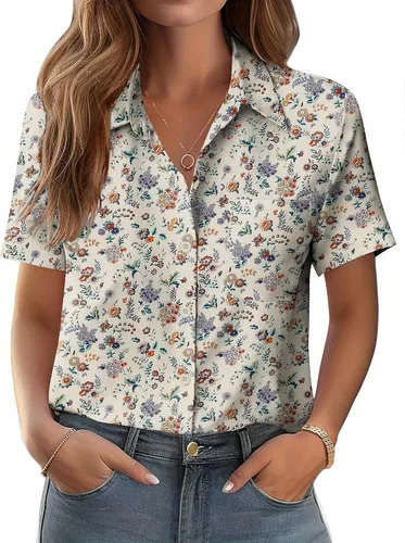 Miniatura 6 de Zeagoo Blusa de manga corta con botones para mujer, con bolsillo en el busto, para negocios, casual, para el trabajo, trajes de verano