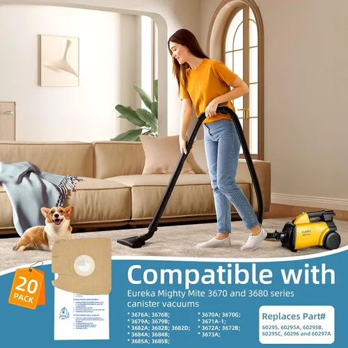 Miniatura 2 de Paquete de 20 bolsas de vacío estilo MM para aspiradoras Eureka Mighty Mite serie 3670 y 3680, sustituye a las bolsas de vacío 60295, 60295A, 60297A