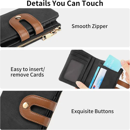 Miniatura 4 de RNIEGA Billeteras pequeñas para mujer, de cuero, plegable, con bloqueo RFID, tarjetero compacto con bolsillo para monedas con cremallera