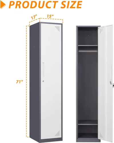Miniatura 3 de Armario de metal para el hogar, vestidor, armarios de almacenamiento de acero de 71 pulgadas para empleados, armario con cerradura con 1 puerta Gris