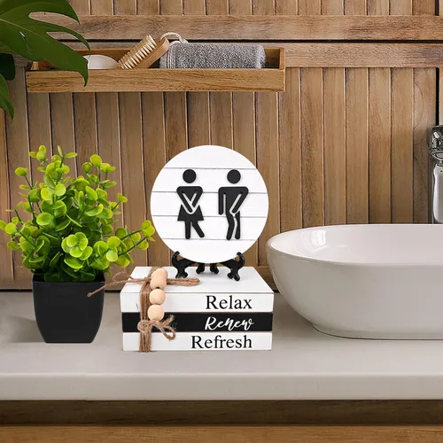 Miniatura 3 de Decoración de Estante de Baño Letreros Modernos y Divertidos para Decoración de Baño, Letreros Redondos 3D de Shiplap y Pila de Libros con 1 Planta