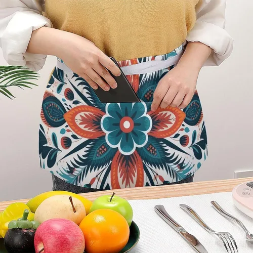 Miniatura 3 de Server Aprons with 3 Pockets Waist Apron Waterproof Half Apron Flower Decorative Pattern Short Cooking Aprons Bib