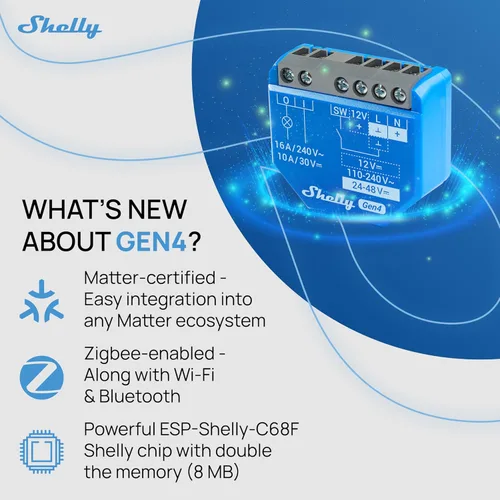 Miniatura 4 de Shelly 1 Gen4 Interruptor de relé inteligente Wi-Fi, Zigbee y Matter con contactos secos, 1 canal 16A Automatización del hogar Compatible