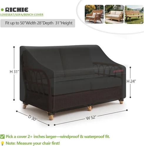 Miniatura 2 de RICHIE Funda de sofá biplaza para patio, funda impermeable para sofá de 2 plazas para exteriores, con ventilación de aire, resistente a los rayos