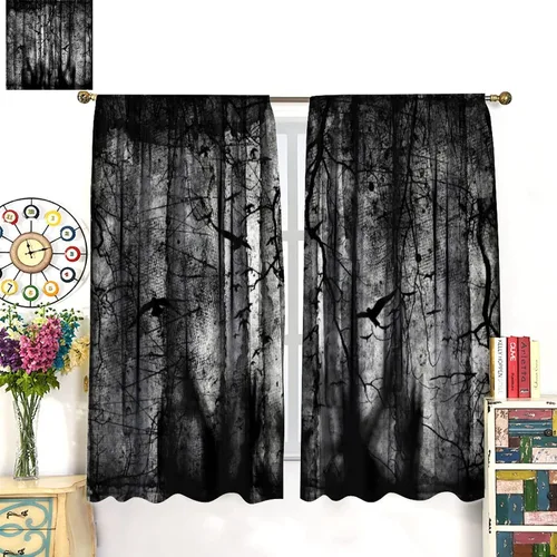Miniatura 3 de Cortinas opacas de bosque gótico, con niebla y misterioso bosque de fantasmas, cortinas opacas para ventana, fiesta de Halloween, árboles muertos