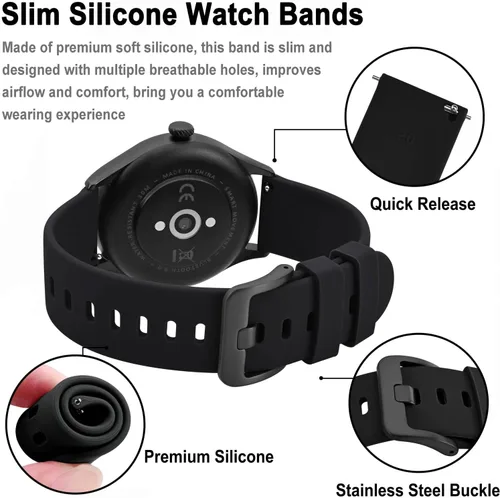Miniatura 86 de BISONSTRAP Correas de reloj de silicona, correas de reloj delgadas con liberación rápida, 0.787 in, negro con hebilla negra