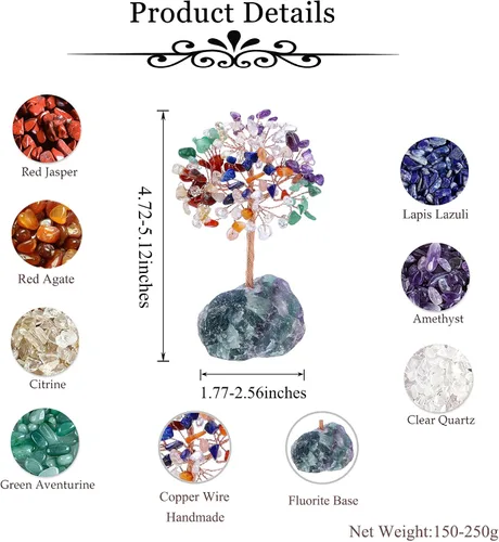 Miniatura 5 de MANIFO Juego de 7 chakras de cristal curativo: cristales, piedras preciosas, figuras naturales de árbol de la vida del Feng Shui