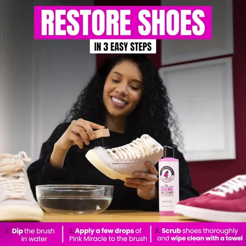 Miniatura 5 de Kit de Limpiador de Zapatos Pink Miracle con Botella y Cepillo para Limpiador de Tela para Cuero, Blancos, Ante y Zapatillas Deportivas de Nubuck