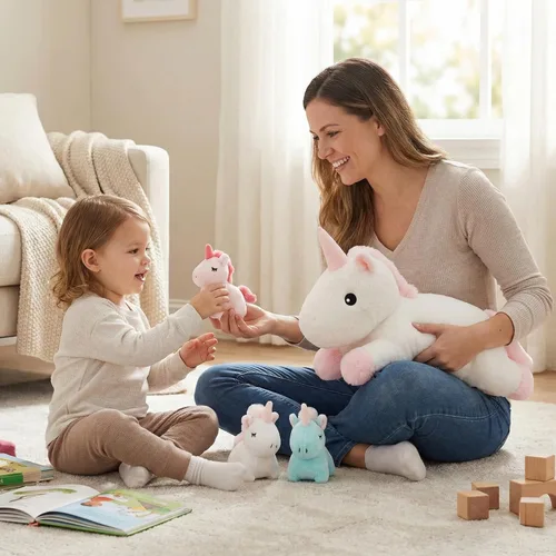 Miniatura 4 de WEIGEDU Juguetes de unicornio para niñas de 1, 2, 3, 4, 5, 6, 7, 8 años, animal de peluche mamá con 3 bebés unicornios en su barriga, juego