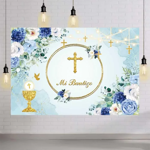Miniatura 4 de MEHOFOND Telón de fondo Mi Bautizo de 7 x 5 pies, diseño floral azul para la primera comunión, fondo de fotografía de la primera comunión, Santo