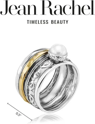 Miniatura 5 de 925 Sterling Silver14K Gold Plated Silver Spinner Ring Unisex, Bold Hammered BeadedFreshwater Pearl Floral Etched and Hammered, Oxidized
