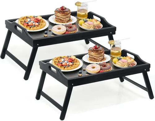 Miniatura 8 de Paquete de 2 bandejas de cama para mesa de desayuno, bandejas de servicio de altura ajustable para comer, bandeja de bambú para laptop con patas