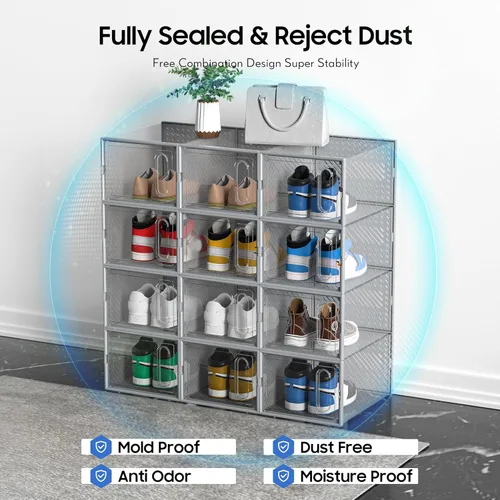 Miniatura 8 de eWonLife Caja Organizadora de Zapatos Grande con Puerta Magnética, Juego de 12 Contenedores Apilables de Plástico Transparente para Zapatos, Conecta