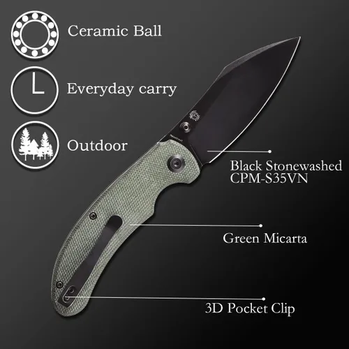 Miniatura 5 de KANSEPT Nesstreet Cuchillo plegable de bolsillo para hombres EDC Camping 3.58 pulgadas CPM-S35VN Material con mango de micarta verde para llevar