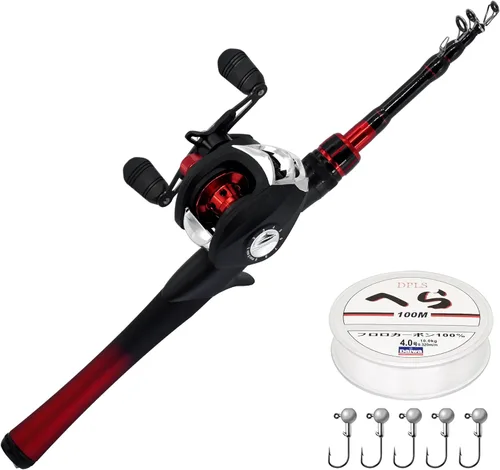 Miniatura 7 de Kilitn Combo de Caña de Pescar y Carrete, Combo de Baitcasting Carrete Baitcast Caña Telescópica de Fibra de Vidrio Duradera de 5 Pies con Sedal