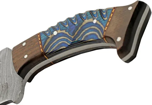 Miniatura 5 de SANZ - Cuchillo de caza de rinoceronte de Damasco de 8 pulgadas, cuchillo de campamento azul con mango de madera, hoja de espiga completa y funda