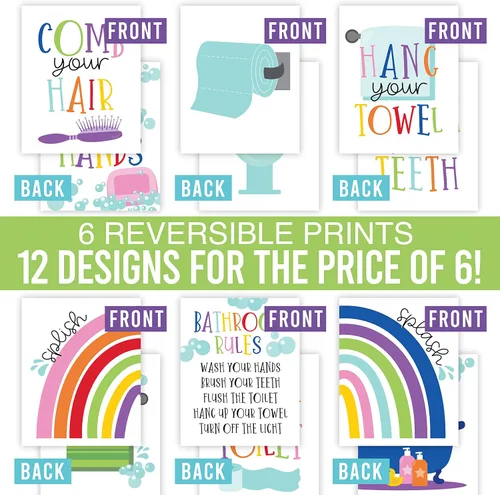 Miniatura 3 de Hadley Designs 6 impresiones artísticas reversibles para niños y niñas, arte de pared de 8 x 10 pulgadas, decoración de baño para niños, decoración