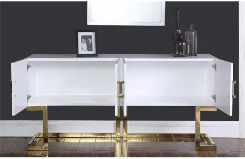 Miniatura 5 de Meridian Furniture Beth Collection Modern Aparador de buffet contemporáneo, base de acero inoxidable dorado intenso, acabado lacado blanco, 64
