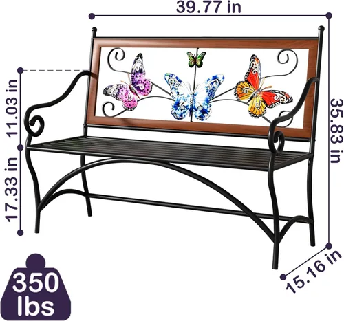 Miniatura 3 de Banco para exteriores de 39.7 pulgadas, banco de jardín, banco de patio con reposabrazos, asiento de listones y respaldo con patrón de mariposa